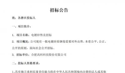 合肥腾博汇游戏官网电镀锌售卖招标布告